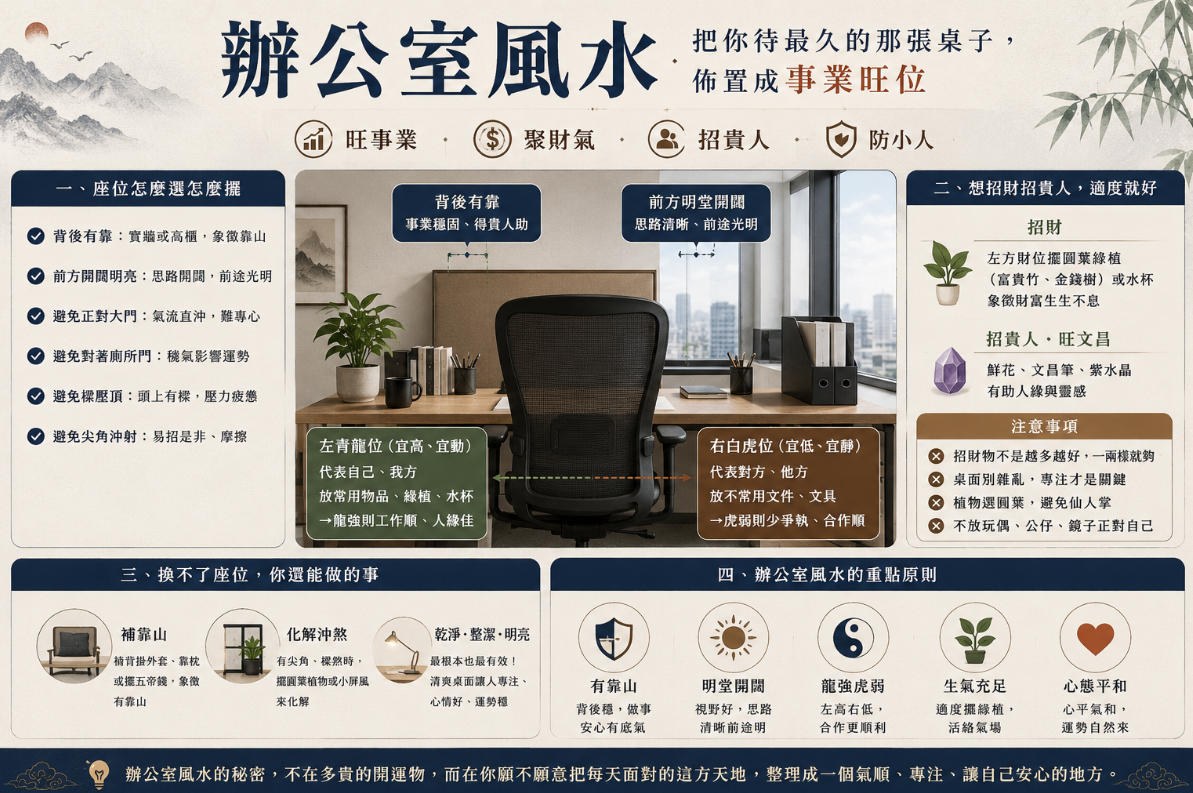 辦公室風水佈局示意圖，說明座位背後有靠、前方開闊、左青龍右白虎的擺放原則，以及綠植、水杯與紫水晶等招財佈置方式。