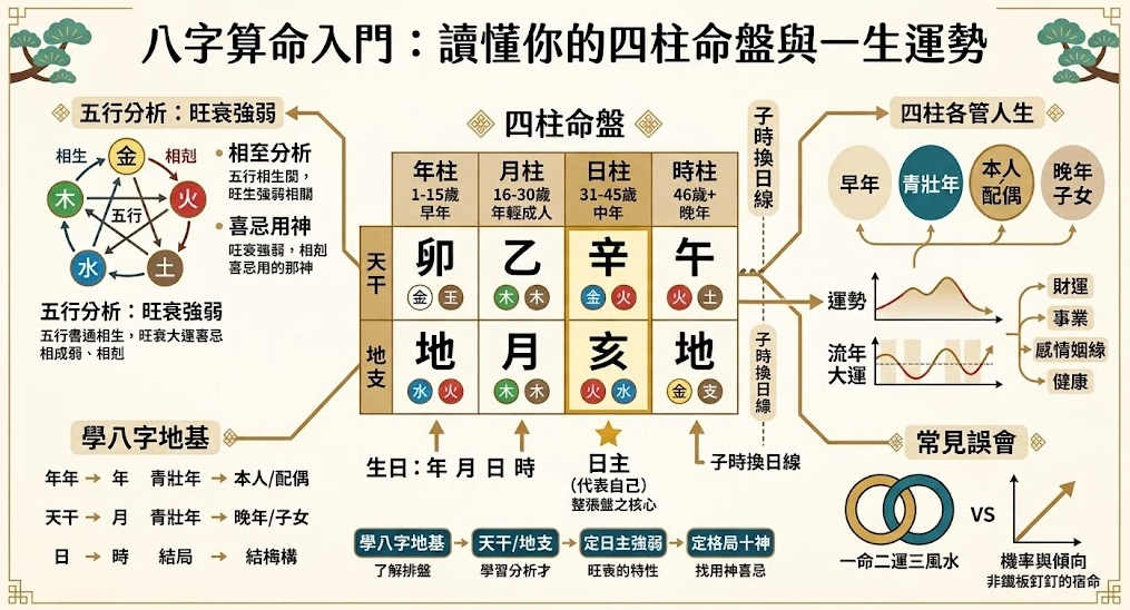 八字算命入門:讀懂四柱命盤與一生運勢知識圖解 這是一張關於八字算命入門的詳細資訊圖。中央是四柱命盤表格,展示了年柱、月柱、日柱、時柱的天干地支、五行屬性和對應的年齡段。表格下方標有「日主」和「子時換日線」。左側包含五行相生相剋分析和學八字的基礎流程;右側展示了四柱在人生各階段對應的關係、運勢和流年大運圖表,以及對常見誤會的解釋。