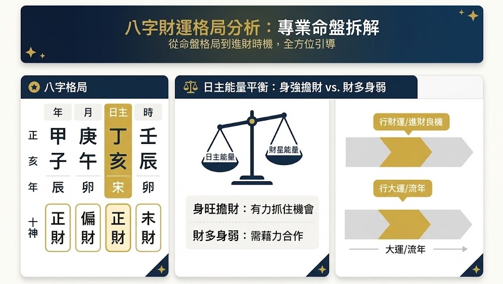 八字財運格局分析:專業命盤拆解,看懂身強身弱與進財時機 八字財運格局分析圖:包含標註日主與正財偏財的四柱八字、顯示日主與財星能量平衡的天平(身強擔財或財多身弱),以及標示進財良機的流年時機軸。