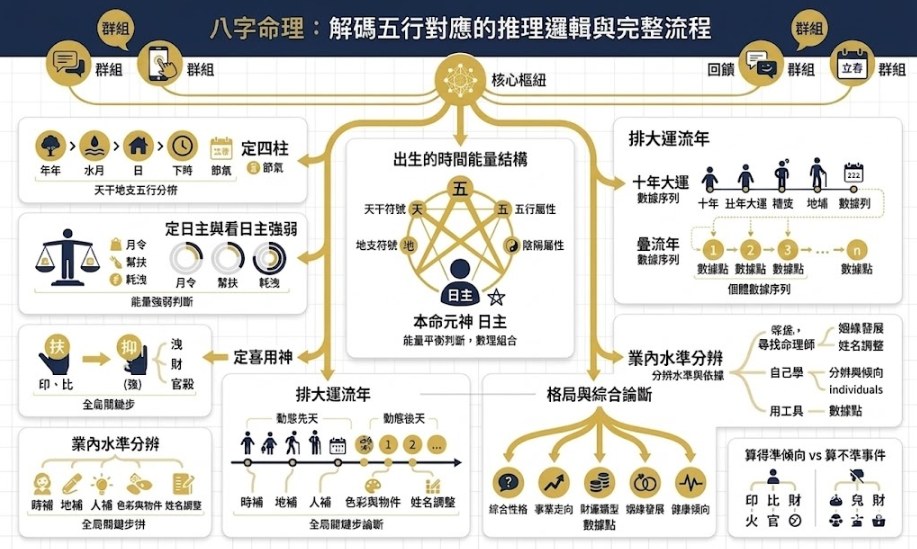 一張深夜藍與雅緻金配色、結構化的八字命理資訊圖。畫面中心為日主核心能量樞紐，左側講述五行推理流程（定四柱、日主強弱判斷、扶抑喜用神），右側講述時間推算（大運流年配合、綜合論斷），底部包含性格、事業、財運、健康的綜合論斷分支，以及改運輔助方向Cluster。風格莊嚴、乾淨且學術，無重複佈局結構。圖文咬合，完美結合文章內容。