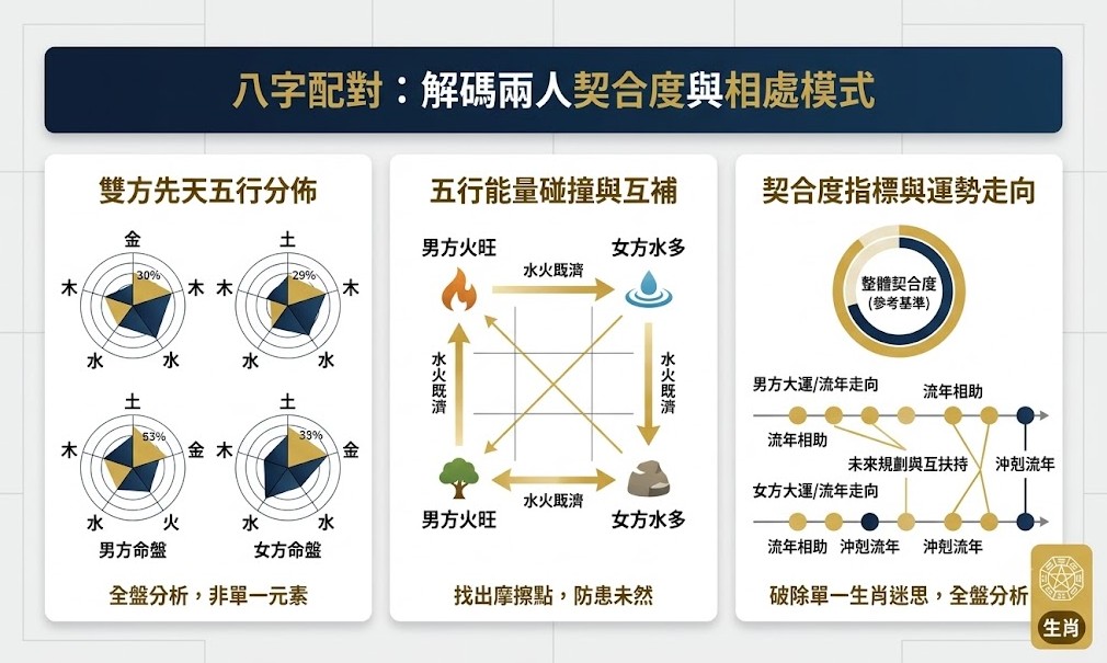 八字配對分析:解碼五行結構與相處契合度 八字配對分析圖:左側雷達圖對比雙方先天五行分佈,中間呈現五行能量碰撞與互補(如水火既濟),右側是契合度環形指標與雙方大運流年時間軸,並破除單一生肖迷思。