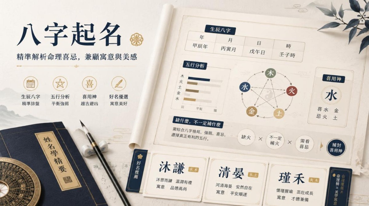 八字起名解析:結合五行喜用神挑選好名字 八字起名示意圖:根據出生年月日時排出生辰八字,分析五行強弱與喜用神(缺什麼不一定補什麼,要看喜忌),再兼顧名字的寓意、讀音和字形挑選合適姓名。