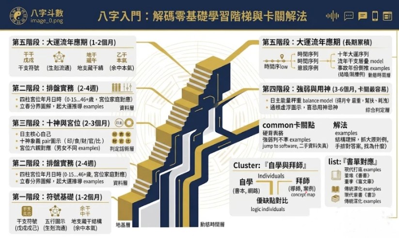一張深夜藍與雅緻金配色、結構化的資訊圖表。畫面中心為巨大的上升知識階梯結構，左側講述符號基礎、排盤、十神與宮位的地基層與資料層，右側講述卡關點、解法（綜合判定流程）、書單對應（現代打底與傳統深化）、自學拜師分支與紫微對比。整體風格權威、學術且值得信賴，無重複佈局結構。圖文咬合，完美結合文章內容。