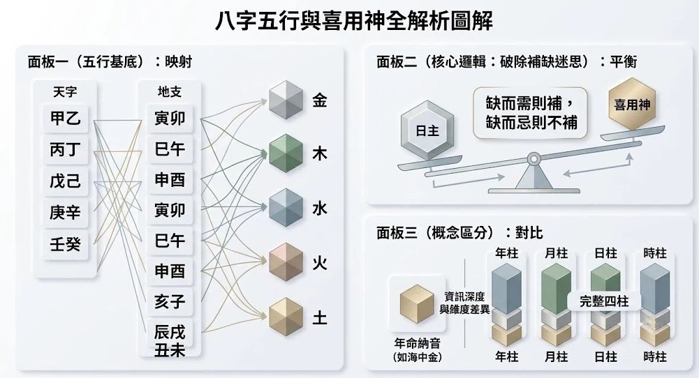 八字五行全解析:讀懂命盤能量與喜用神圖解 八字五行的現代化幾何資訊圖表:第一區塊以矩陣展示天干地支與金木水火土五行的對應關係;第二區塊以天平圖形解釋日主強弱與喜用神,破除缺什麼補什麼的迷思;第三區塊對比年命納音與四柱八字的不同結構。