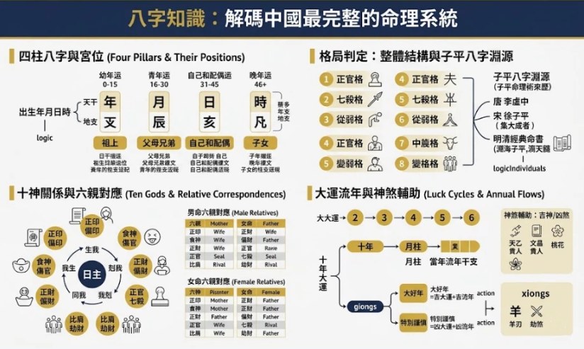 一張結構化的專業八字命理資訊圖表，配色為深藍、金和白。主體分為四個主要區塊：「四柱八字與宮位」時間軸、「十神關係與六親對應」（包含男女命對比）、以及右側的「大運流年應期」和「格局判定：整體結構與子平八字淵源」。整體風格權威、嚴謹、簡約，無雜亂的網格，清晰地展示了八字命理學的精密推理系統。