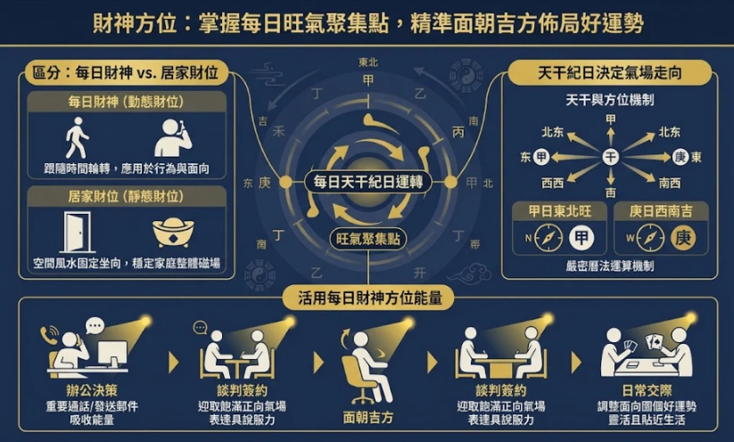 一張專業權威、深藍金色調結構化資訊圖表，清楚區分每日動態財神方位（行為/面向，隨時間流動）與居家固定明財位（空間/擺設）。展示每日財神是由天干紀日決定（如甲日東北旺，庚日西南吉），並圖解活用方法為重要通話、談判時面朝吉方，迎取飽滿正向能量。包含天干符號、方位高亮羅盤、和應用場景圖解。