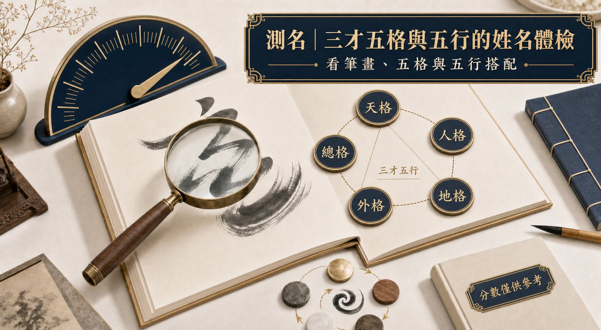 測名示意圖，以放大鏡檢視姓名筆畫，結合天格、人格、地格、外格、總格三才五格與五行生剋為姓名體檢評分。