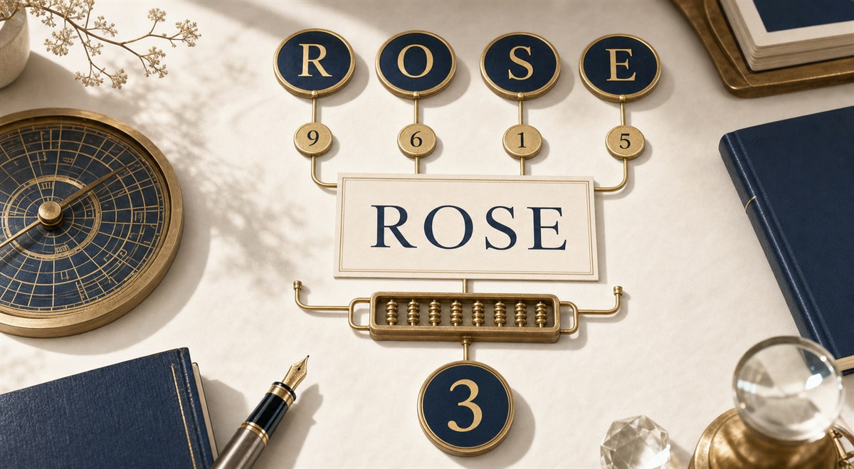 將英文名 ROSE 的字母轉換為數字，透過數理計算解讀名字寓意與性格。
