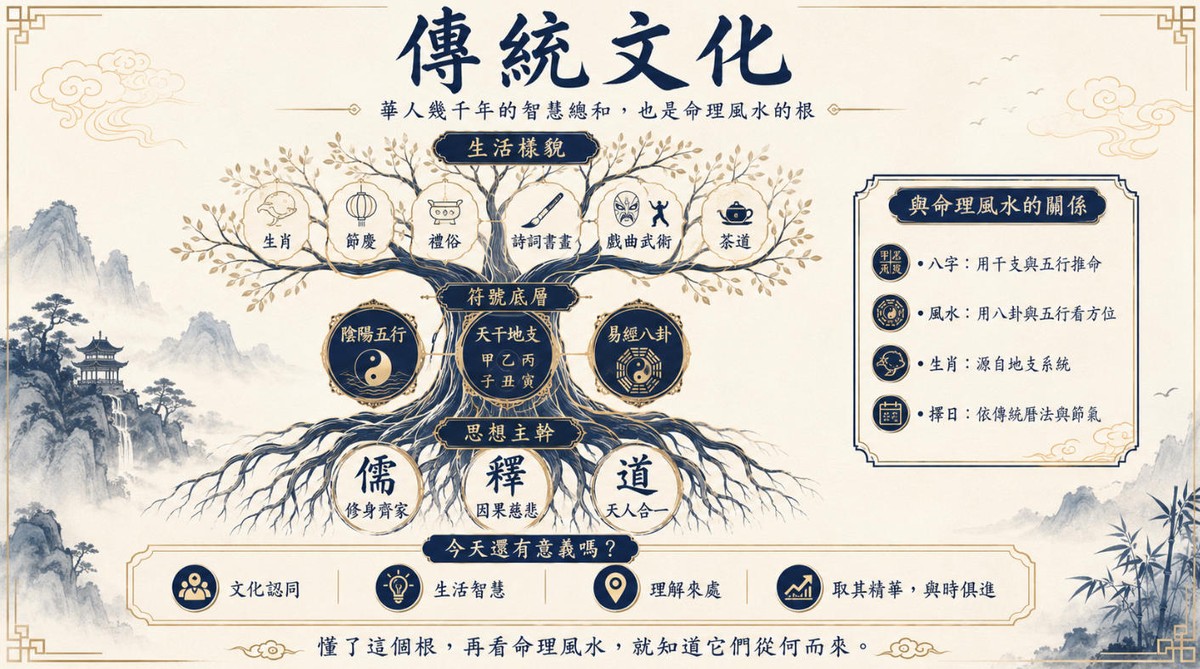 傳統文化脈絡示意圖，介紹陰陽五行、天干地支、易經八卦與儒釋道思想，並說明生肖、節慶、禮俗、詩詞書畫及命理風水之間的關係。
