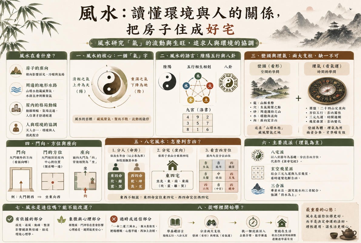風水基礎知識圖，說明氣的流動、陰陽五行與八卦原理，並介紹巒頭理氣、住宅門向座向、八宅吉凶及常見風水流派。