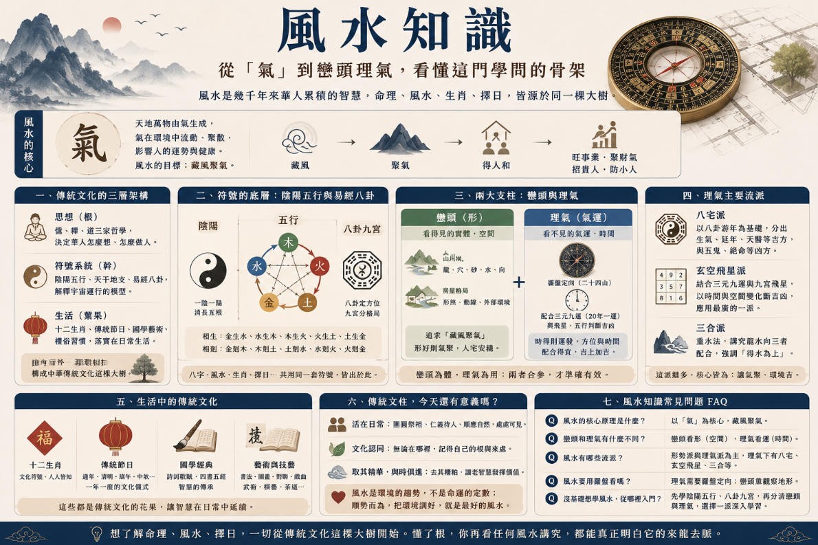 風水知識架構圖，介紹以氣為核心的風水原理、陰陽五行、易經八卦、巒頭與理氣，以及八宅派、玄空飛星派和三合派等主要流派。