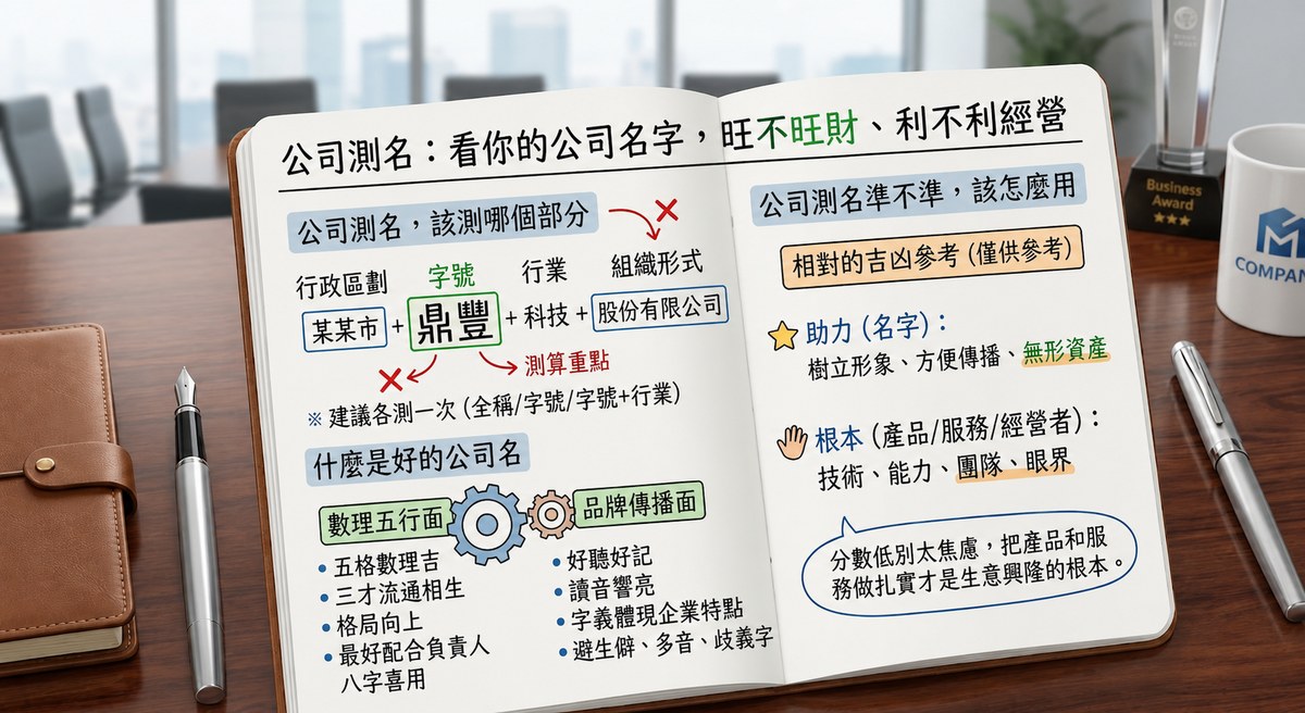 公司測名實用指南:解析核心字號與好商號標準 公司測名指南圖,說明公司測名應聚焦核心字號,並兼顧數理五行與品牌傳播,附好公司名的判斷標準與使用分寸。