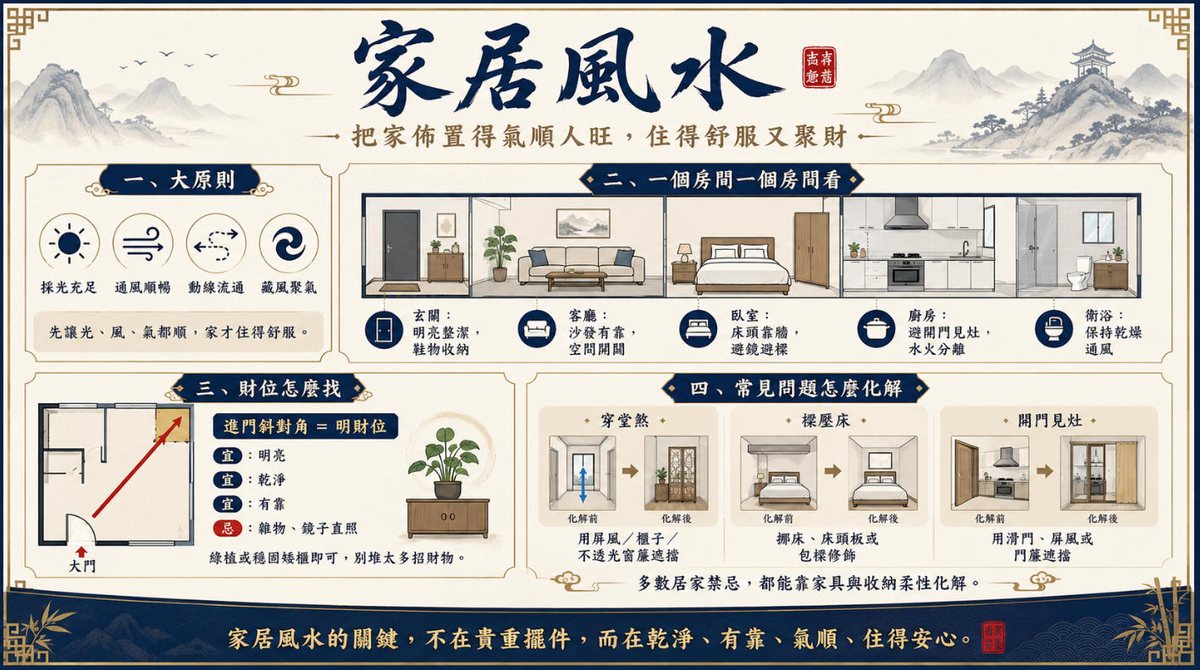 家居風水佈局示意圖，介紹採光、通風、動線與藏風聚氣原則，並說明玄關、客廳、臥室、廚房、衛浴及財位的擺放與常見問題化解方法。