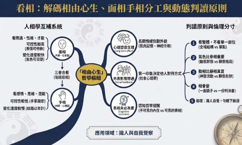 看相:解碼相由心生、面相手相分工與動態判讀原則 一張深藍與雅緻金配色、結構化的看相資訊圖表。畫面中心為相由心生樞紐,左側講述面相與手相的外顯與內隱分工,右側講述判讀原則(氣色重於骨相、相會隨心境改變)與倫理分寸,底部包含識人用途與八字分工。風格莊嚴、乾淨且學術,無重複佈局結構。