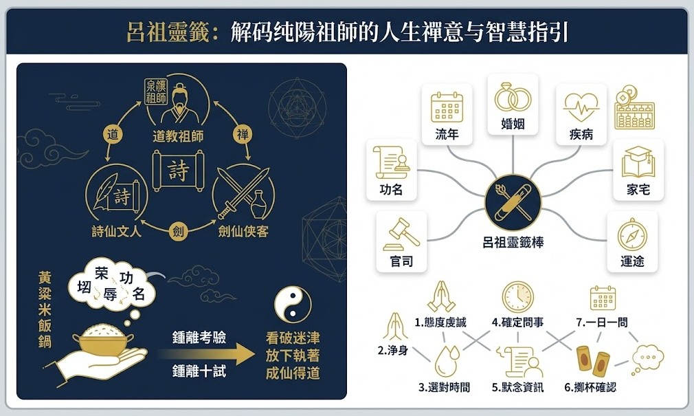 一張專業資訊圖表網頁資產，嚴格遵循深藍、金、白和灰的色調。頂部藍色橫幅帶有金色標題。主體為垂直分割流動的紀念碑式佈局。左側為呂祖三重身分和黃粱一夢成道典故的複雜流動圖解，右側為一百支籤詩的九大問卜面向（流年，婚姻，疾病，求財，功名，學業，官司，家宅，運途）的簡約圖示和簡化的求籤規範八步驟流程圖，整體風格莊嚴、乾淨且學術可信，完全沒有重複先前的佈局。