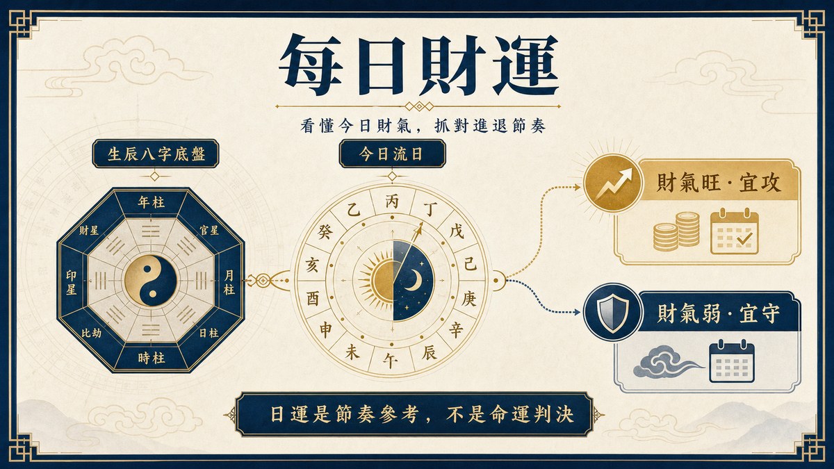 看懂八字流日節奏,掌握進退攻守策略 每日財運圖:以生辰八字底盤(八卦與財星、官星、印星、比劫)為基礎,結合今日流日星盤,判斷財氣旺(宜攻)或財氣弱(宜守),並強調日運是節奏參考、不是命運判決。
