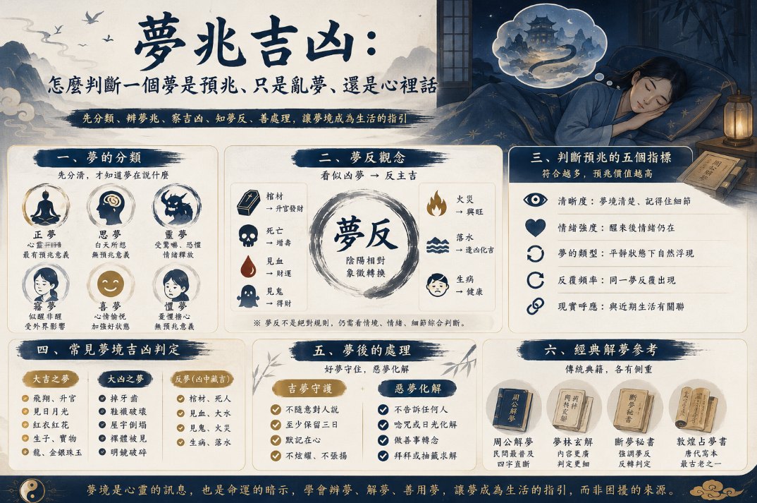 夢兆吉凶判斷圖，介紹正夢、思夢、靈夢、噩夢與喜夢等類型，並從夢反現象、夢境清晰度、情緒強度、重複頻率和現實呼應分析夢境含義。