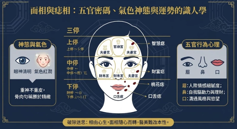 一張深藍與雅緻金配色的專業資訊圖表，結構化地展示面相與痣相系統。核心為一張標註「三停」與「十二宮」的臉部插圖，詳細解讀眉、鼻、口對應的行為心理學，並說明氣色神態的重要性。