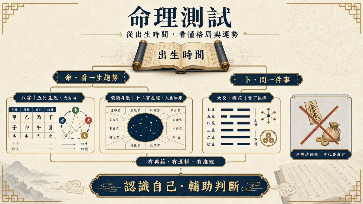 命理測試圖解：從出生時間區分「命」（八字看五行生剋、紫微斗數看十二宮星曜，推一生趨勢）與「卜」（六爻、梅花易數，問當下一件事），核心是有典籍、有邏輯、有推理，用來認識自己、輔助判斷。