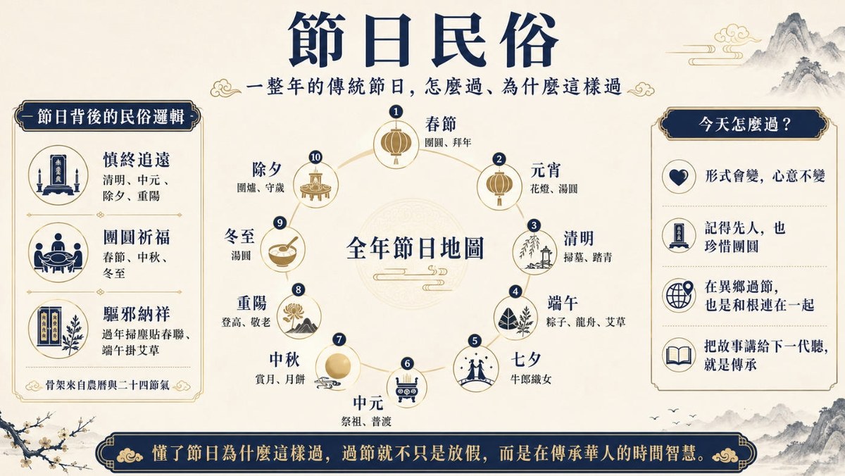節日民俗全年地圖，介紹春節、元宵、清明、端午、七夕、中元、中秋、重陽、冬至與除夕的傳統習俗及文化意義。