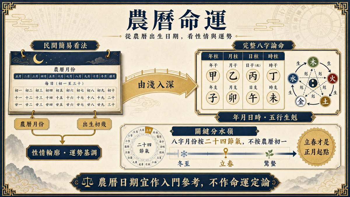 農曆命運圖解：左側是按農曆月份和出生初幾論命的民間簡易看法，右側是完整八字的四柱五行生剋論命，並點出八字月份按二十四節氣劃分、立春才是正月起點，強調農曆日期宜作入門參考、不作命運定論。