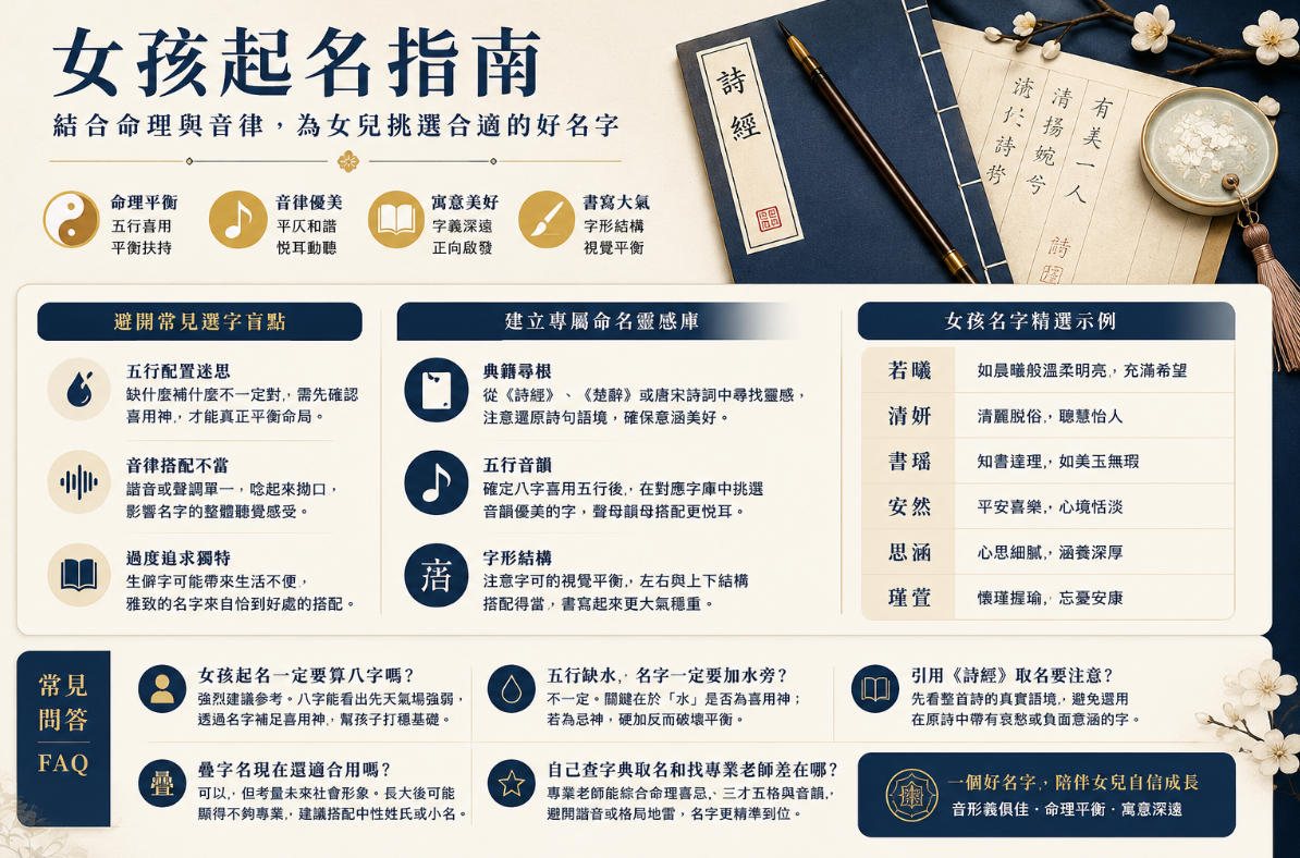 女孩起名指南圖解，介紹以生辰八字、五行喜用、音律搭配、字義寓意與字形結構，為女兒挑選合適名字的方法及常見誤區。