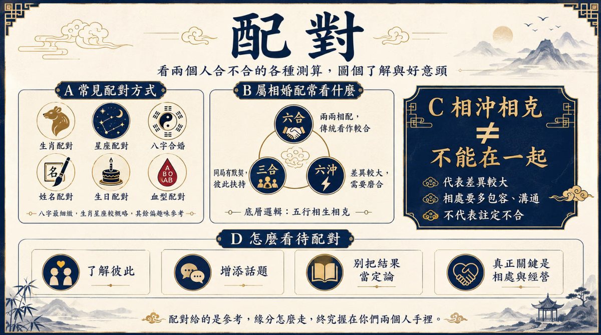 配對方式解析:生肖、星座、八字、姓名與生日測算 配對方式整理圖,介紹生肖配對、星座配對、八字合婚、姓名配對、生日配對與血型配對,並說明相沖相克不代表兩人一定不合。
