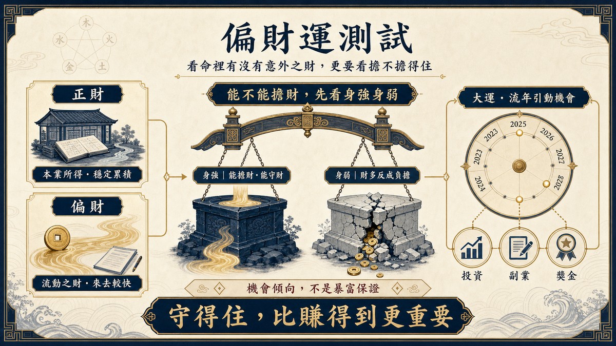 偏財運測試|命裡有財,更要看能不能擔財 偏財運測試圖解,對比正財與偏財,說明八字身強者較能擔財守財,身弱者可能財多反成負擔,大運流年只代表機會傾向。