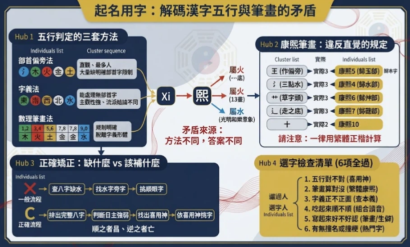 這是一幅結構化的漢字起名資訊圖，嚴格遵循深藍、金色和白色的配色。圖表的核心是一個診斷圖，展示了漢字「熙」如何根據三種不同的判斷方法（部首、字義和數理）被賦予不同的五行屬性（水、火）。分支節點詳細闡述了這三種方法，提供了實際筆畫數與康熙筆畫數的對比表，說明了基於“吉神”和“缺五”選擇漢字的正確與錯誤方法，並提供了一個六點選擇清單。整體設計權威且具有教育意義。