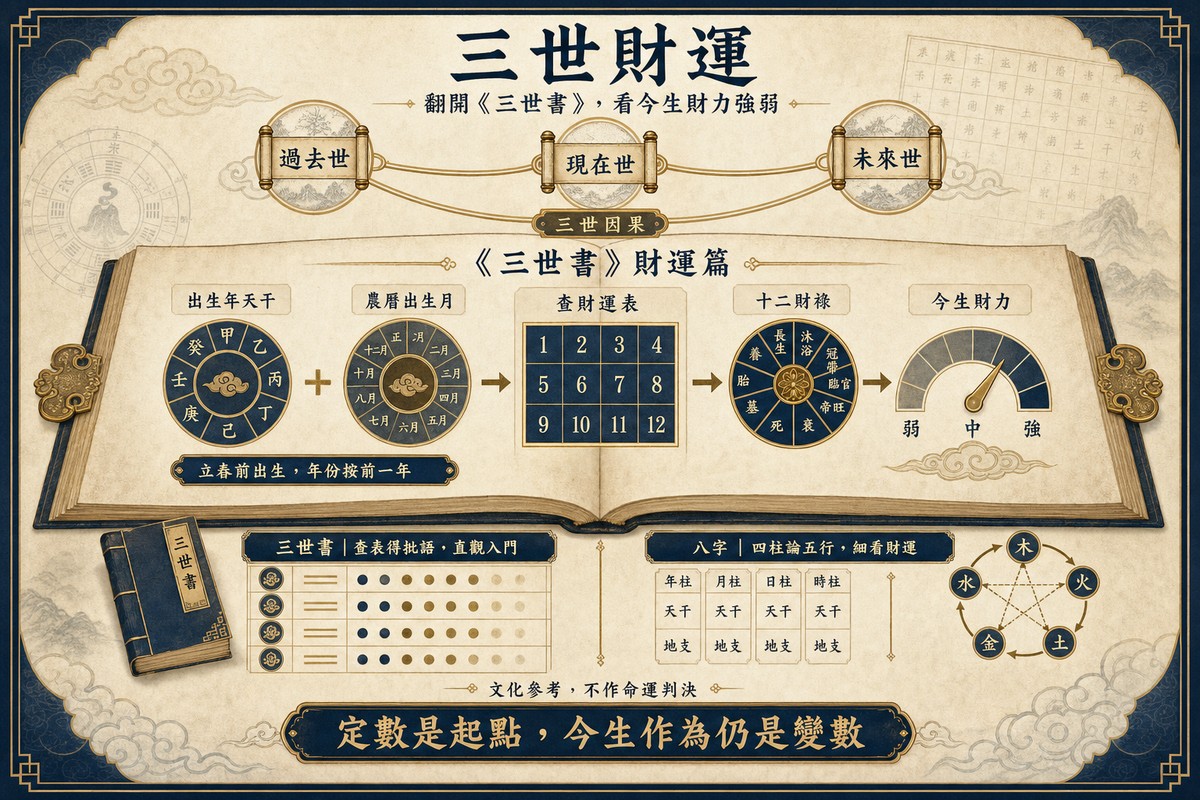 三世財運圖解，以出生年天干配合農曆出生月查詢十二財祿和今生財力，並對比三世書查表法與八字四柱財運分析。