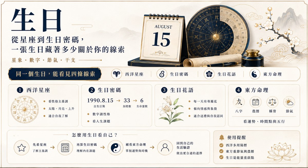 生日解析指南:星座、生日密碼、花語與東方命理 生日綜合解析圖,從西洋星座、生日密碼、生日花語與東方命理四個方向,了解出生日期對應的性格特質、人生課題與運勢線索。