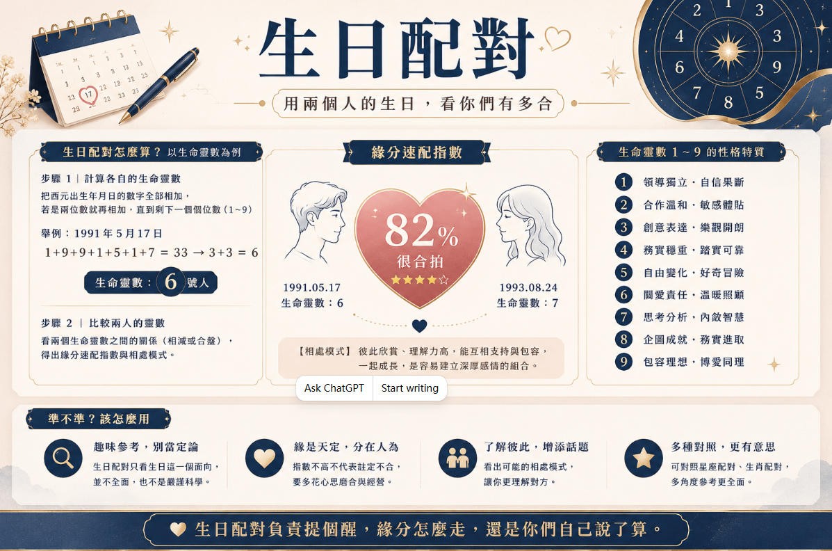 生日配對分析:用生命靈數測兩人緣分 生日配對測算示意圖,透過兩人的出生年月日計算生命靈數,分析性格特質、相處模式與緣分速配指數。