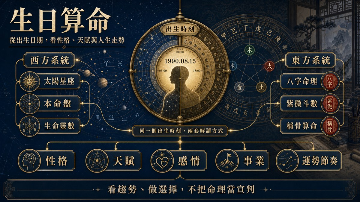 生日算命東西方系統對照圖表，中央以出生時刻儀表為核心，左側展示西方系統（太陽星座、本命盤、生命靈數），右側展示東方系統（八字命理、紫微斗數、稱骨算命），底部列出性格、天賦、感情、事業與運勢節奏等解析維度。