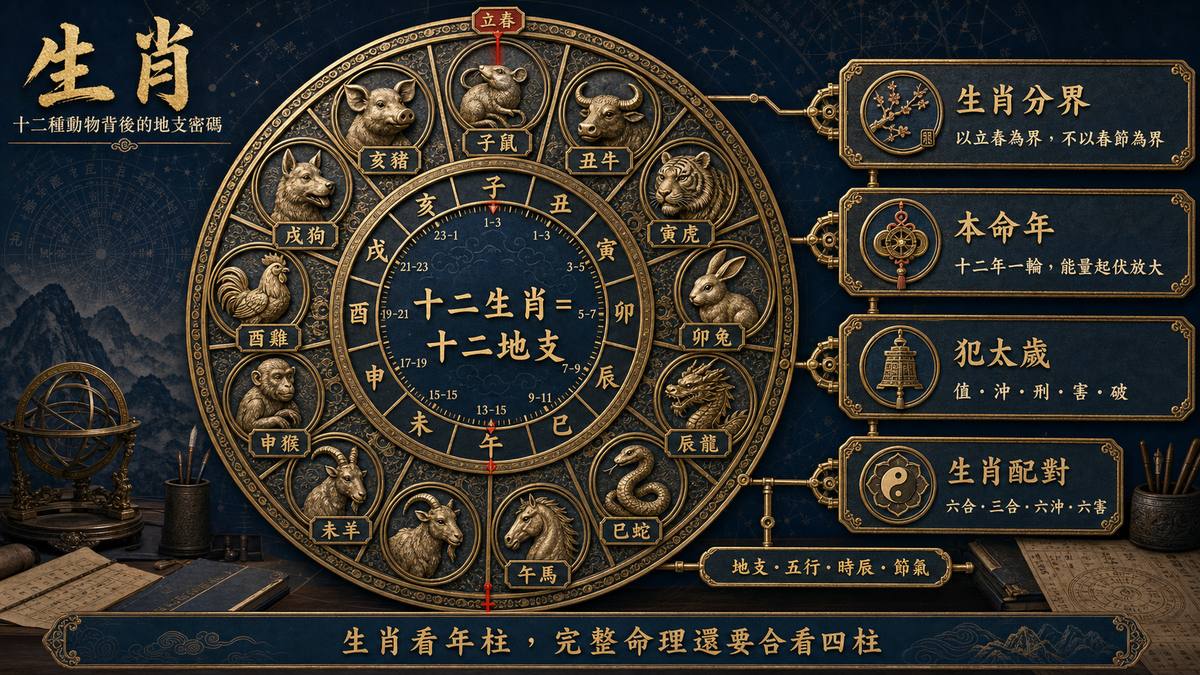 生肖概念圖表，中央為十二生肖與十二地支對應的金屬星盤，右側延伸解析「生肖分界以立春為界」、「本命年」、「犯太歲」及「生肖配對」四大知識要點。