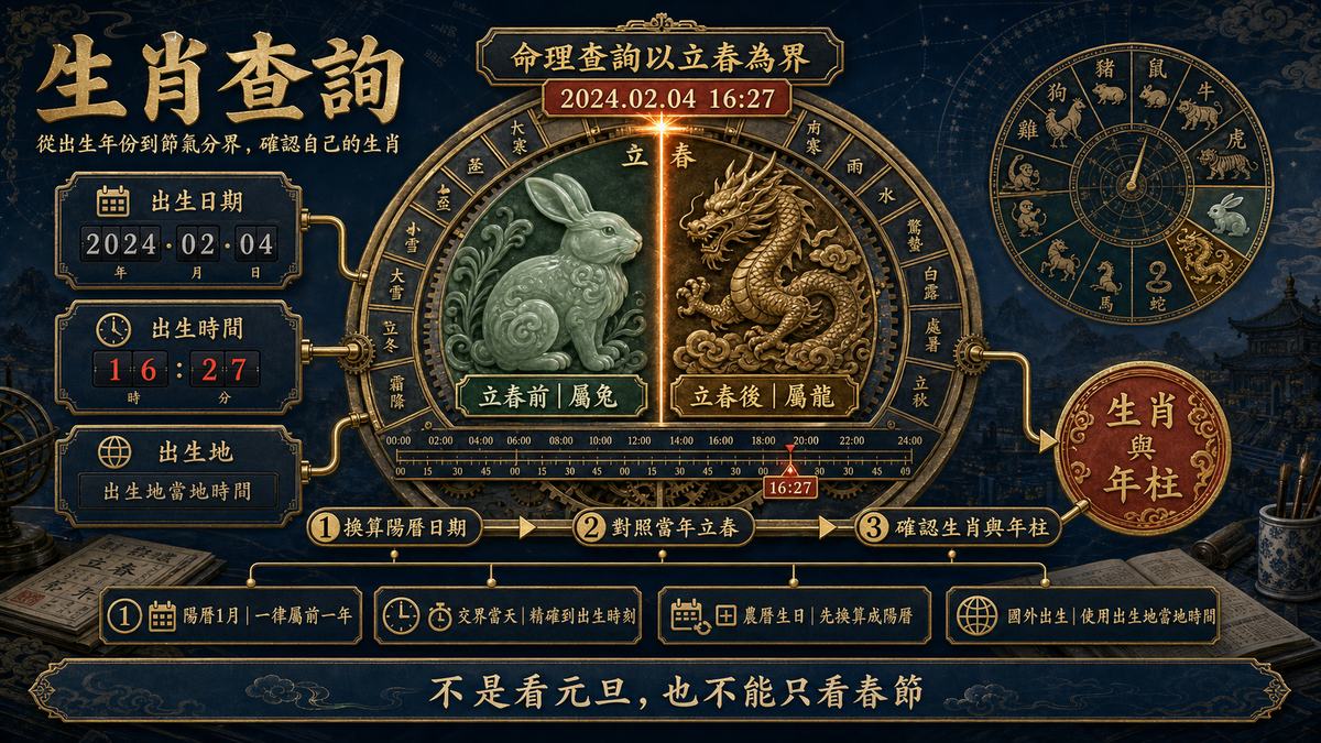 生肖查詢:從出生年份到節氣分界,精確確認自己的真實生肖 生肖查詢流程圖表,中央以「立春」為界示範兔年與龍年交接,左側包含出生日期、時間與地點輸入框,下方列出「換算陽曆日期、對照當年立春、確認生肖與年柱」的查詢步驟,強調命理生肖查詢以立春為準。