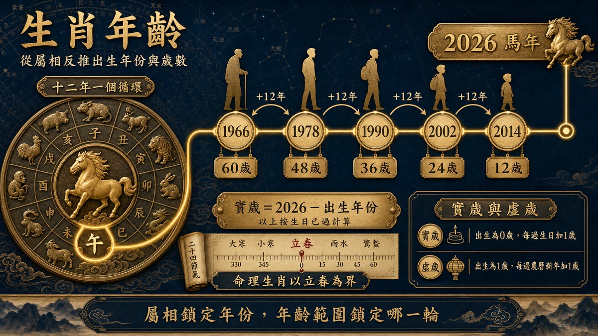 生肖查詢流程圖表，中央以「立春」為界示範兔年與龍年交接，左側包含出生日期、時間與地點輸入框，下方列出「換算陽曆日期、對照當年立春、確認生肖與年柱」的查詢步驟，強調命理生肖查詢以立春為準。