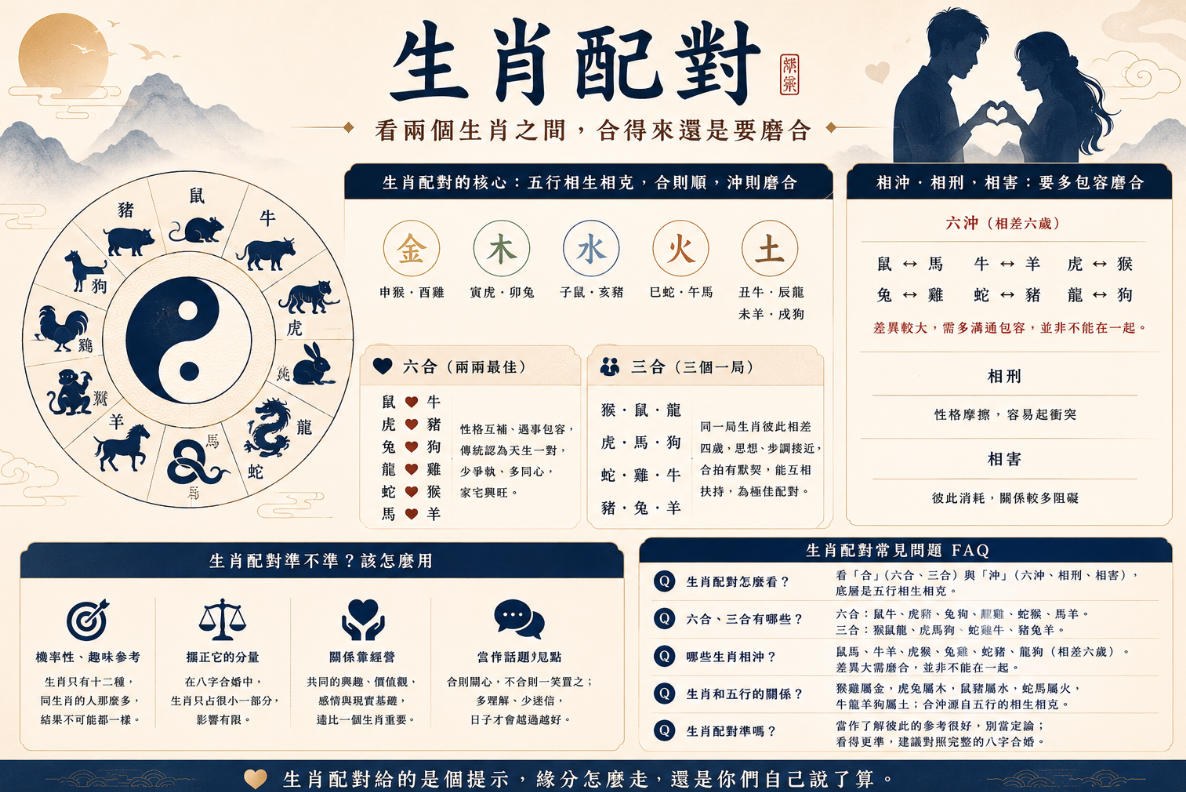 生肖配對分析圖，整理十二生肖的五行屬性、六合三合、六沖、相刑與相害關係，幫助了解兩人的相處模式與磨合重點。