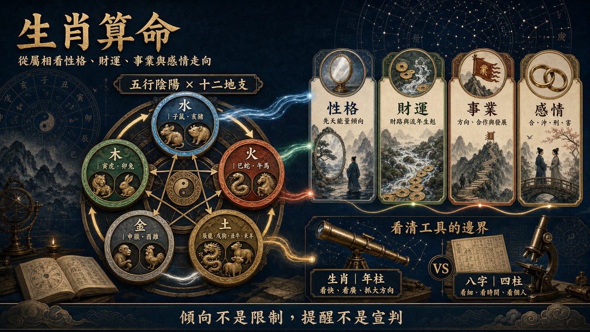 生肖年齡對照圖表，以2026馬年為例，展示十二年一輪的出生年份（1966至2014年）與對應歲數，並解析實歲與虛歲計算方式及立春節氣分界。