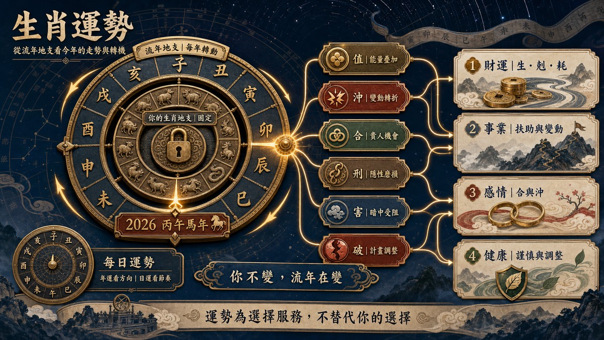 生肖運勢:從流年地支看今年的走勢與轉機,掌握值衝合刑害破的應對之道 生肖運勢分析圖表,左側展示固定生肖地支與流年地支(2026丙午馬年)的旋轉轉盤,中央解析值、衝、合、刑、害、破六種地支作用,右側引導至財運、事業、感情與健康四大領域的推算邏輯。