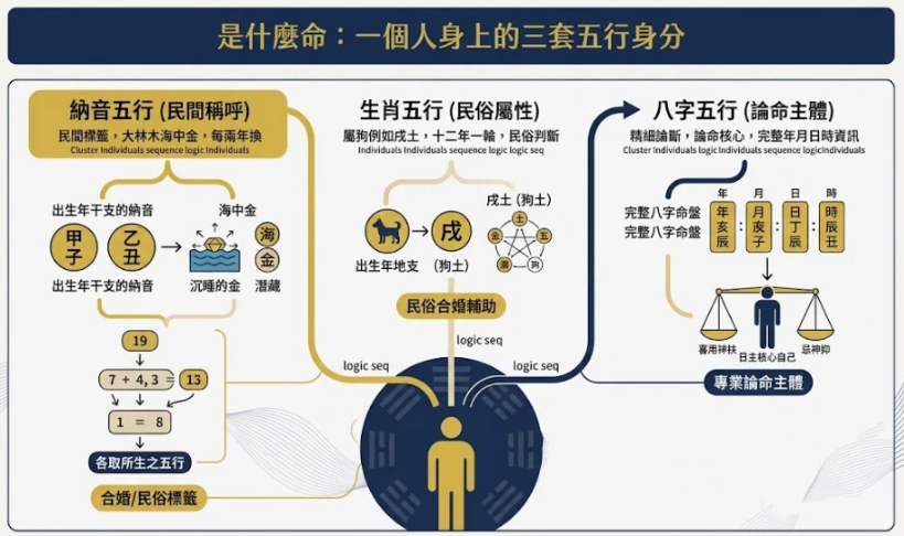 一張深藍與雅緻金配色的專業資訊圖表。核心視覺展示了一個人身上同時並存的「納音五行（民間標籤）」、「生肖五行（民俗屬性）」與「八字五行（論命主體）」三套系統，並以「1982大海水」為例做圖解對比，風格莊嚴、簡約且具備高度指引性。