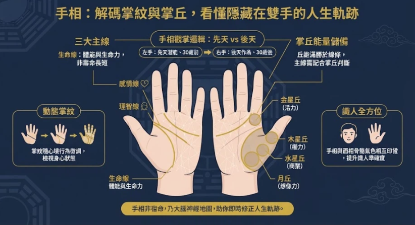 一張深藍與雅緻金配色的專業資訊圖表，結構化地展示了手相的觀測邏輯。核心為一雙標註了感情線、理智線、生命線及各大掌丘的雙手插圖，詳細對比了先天左手與後天右手的差異，強調掌紋隨心境與行為改變的動態性，並說明主線與掌丘的綜合判斷原則。