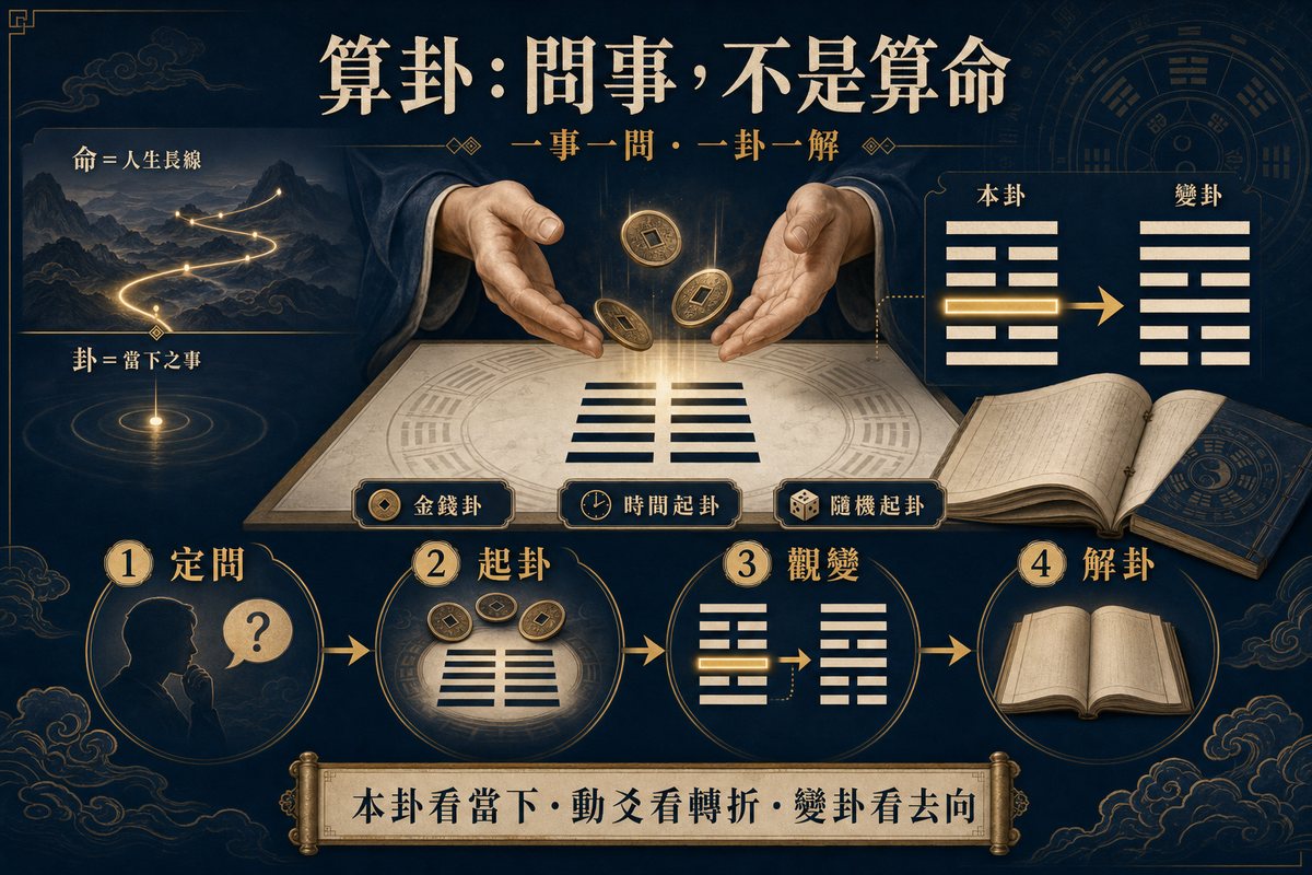 算卦原理與流程圖表，左上角區分「命為人生長線，卦為當下之事」，中央展示金錢卦、時間起卦與隨機起卦方式，下方清晰列出「定問、起卦、觀變、解卦」四大步驟，並說明本卦看當下、動爻看轉折、變卦看去向。