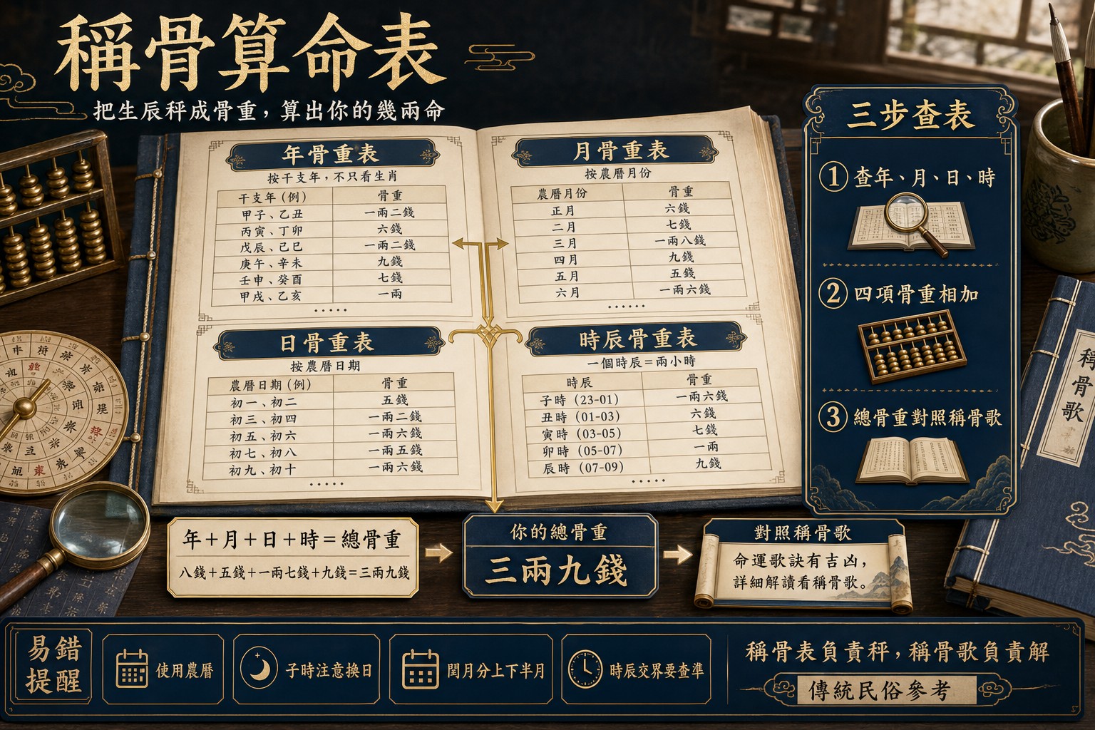 藍金古風稱骨算命表，清晰展示年、月、日、時四項骨重對照表、三步查表步驟與易錯提醒。