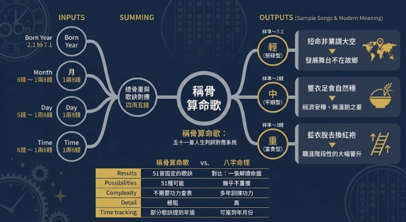 深藍金色專業資訊圖表，展示稱骨算命歌系統，圖解計算和樣本歌訣現代解讀。