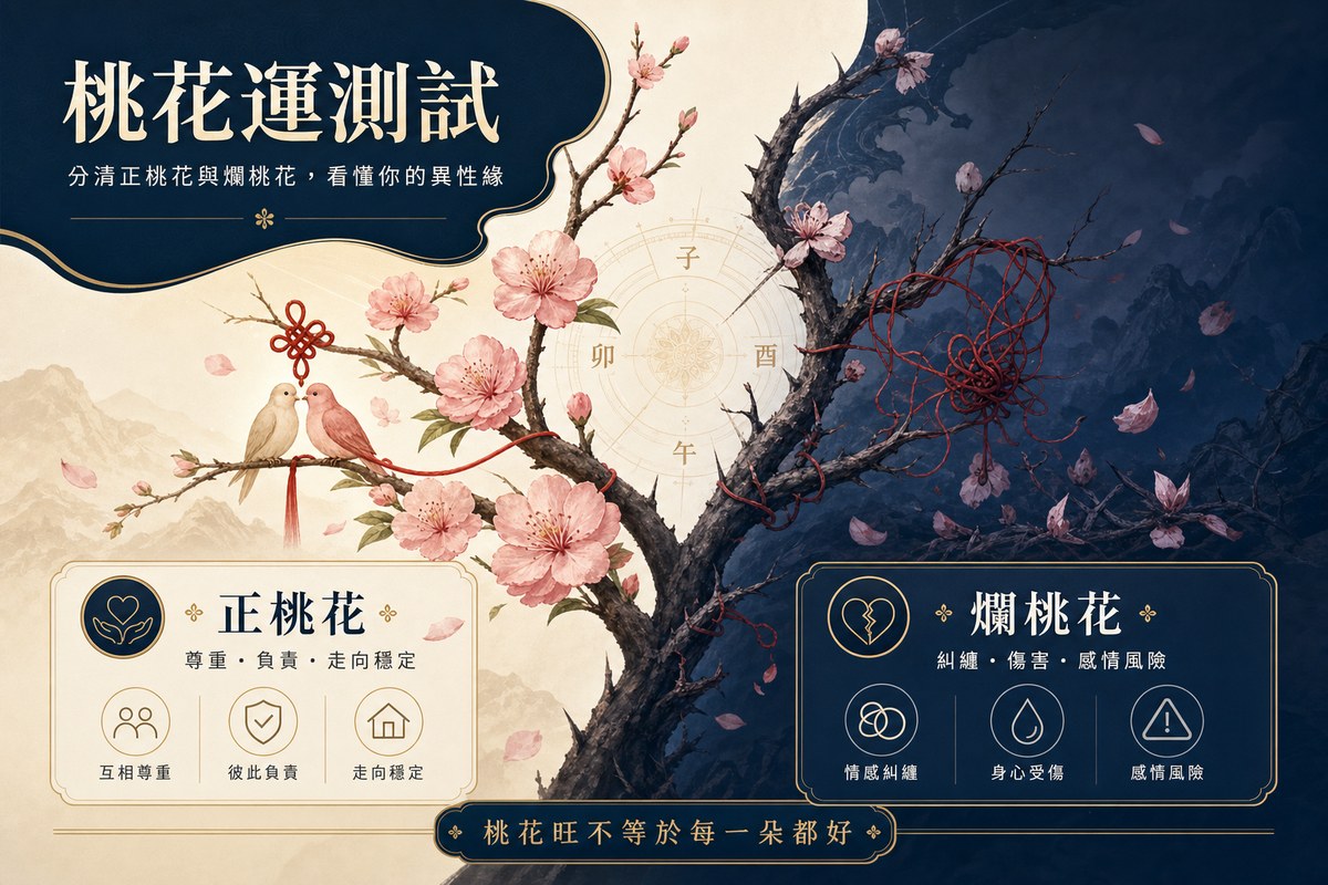 桃花運測試圖：左側盛開的粉色桃花與比翼雙飛鳥代表正桃花（尊重、負責、走向穩定），右側枯枝與亂線代表爛桃花（糾纏、傷害、感情風險），提醒桃花旺不等於每一朵都好。