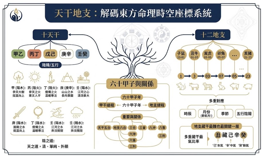 一張深夜藍與雅緻金配色、結構化的天干地支資訊圖表。畫面中心為時空座標系統樞紐，左側講述十天干質地與意象，右側講述十二地支多重身分與複雜內涵（藏干與有根虛浮），底部包含六十甲子生成與重要合沖關係。風格莊嚴、乾淨且學術，無重複佈局結構。圖文咬合，完美結合文章內容。