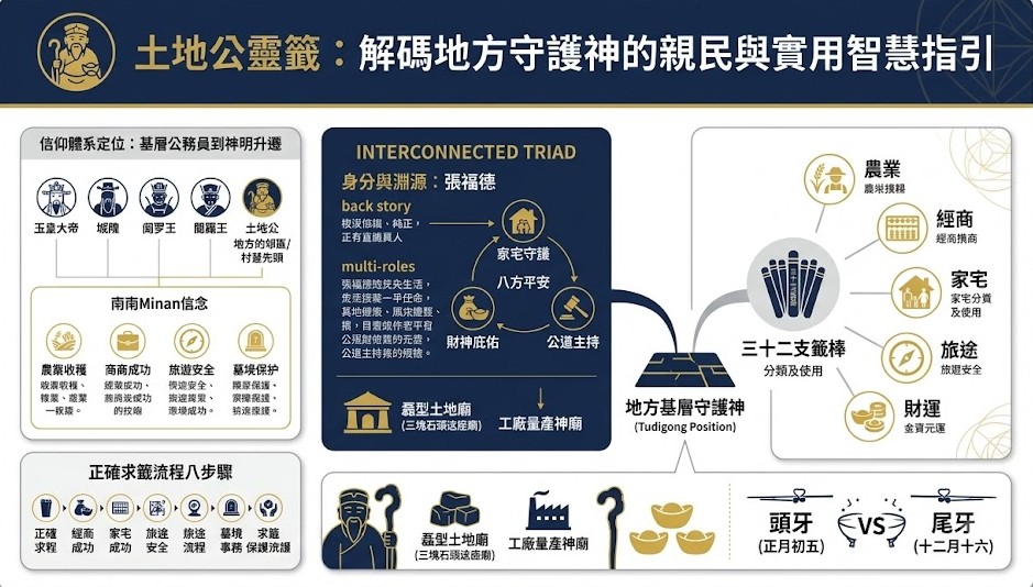 一張專業資訊圖表網頁資產，嚴格遵循深藍、金、白和灰的色調。頂部藍色橫幅帶有金色標題。主體為對稱式的多層次概念佈局。