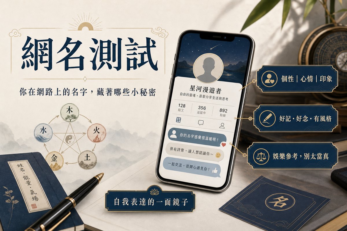 手機上的個人網名頁面，結合個性、心情、印象與好記好念等取名原則，呈現網名作為自我表達鏡子的概念。