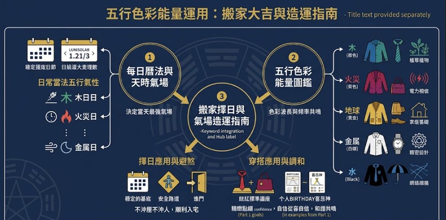 五行穿衣色彩能量與搬家大吉造運指南 一張深藍與金色調結構化專業資訊圖表,展示如何運用五行色彩能量(木青綠、火紅紫、土黃棕、金白灰、水黑藍)與每日曆法天時交叉比對,在搬家擇日時,優化當天穿搭與個人本命能量調和,避開沖煞,為新居注入興旺與安定的好氣場。包含曆法干支、色彩波長圖鑑與樣本。風格學術、莊嚴且指引指引強。