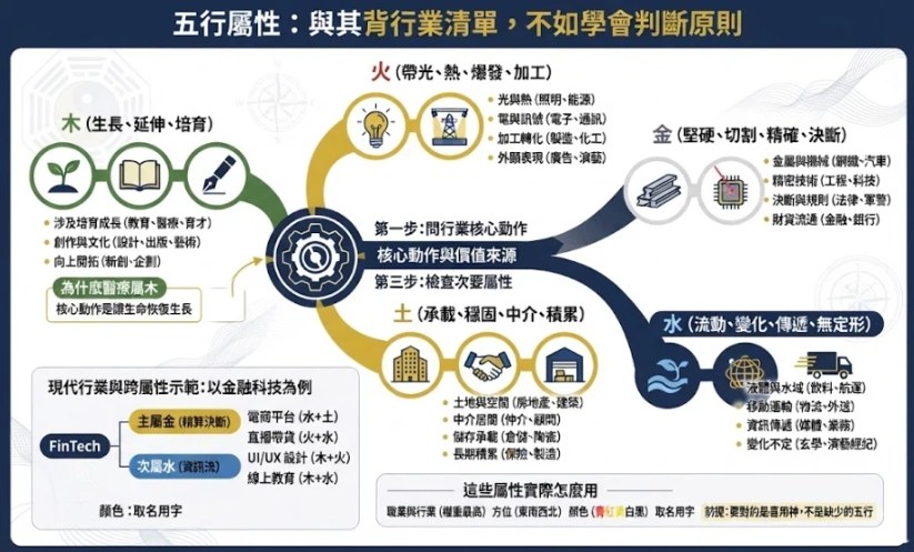 一張深藍與雅緻金配色的專業資訊圖表，核心展示了五行行業屬性的判斷原則。畫面中央是一個動態樞紐，將行業的核心動作（如生長、發光、承載、切割、流動）分別歸類至木、火、土、金、水五大系統。圖表特別示範了現代複合行業（如金融科技）的跨屬性判定方式，並在底部簡潔指引職業、方位與顏色的應用，風格清晰且具高度學術指引性。無雜亂清單。圖文咬合。